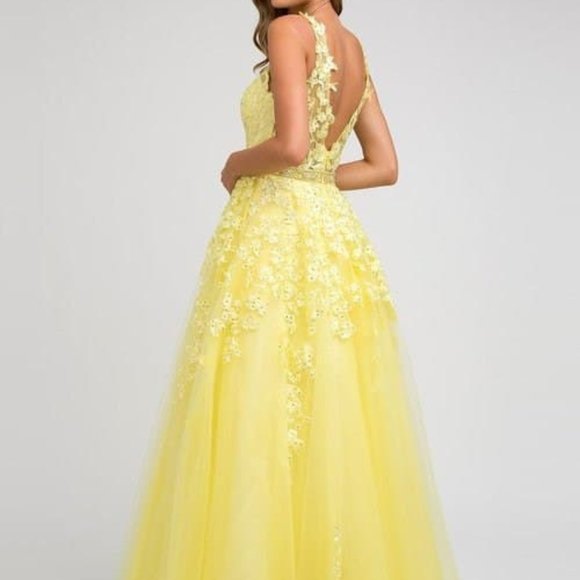 New Yellow Evening Formal Illusion V-Neck A-Line Shape Prom Maxi Dress JT224 - Picture 2 of 5